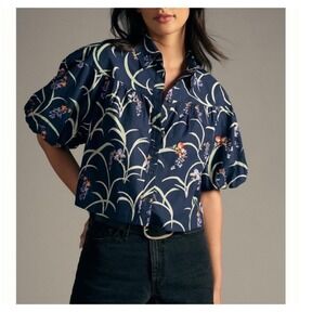 Maeve Anthropologie Navy Floral Button Front Cotton Blouse Size Large